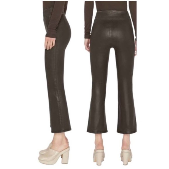 FRAME Jetset Crop COATED JEANS High-Rise Bootcut Brown - Picture 12 of 15